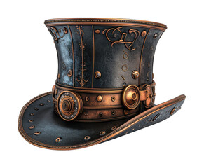 Vintage steampunk top hat with brass details, gears, and leather texture, Victorian-inspired design for costume or decor isolated on transparent background.