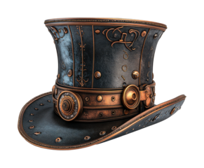 Vintage steampunk top hat with brass details, gears, and leather texture, Victorian-inspired design for costume or decor isolated on transparent background.