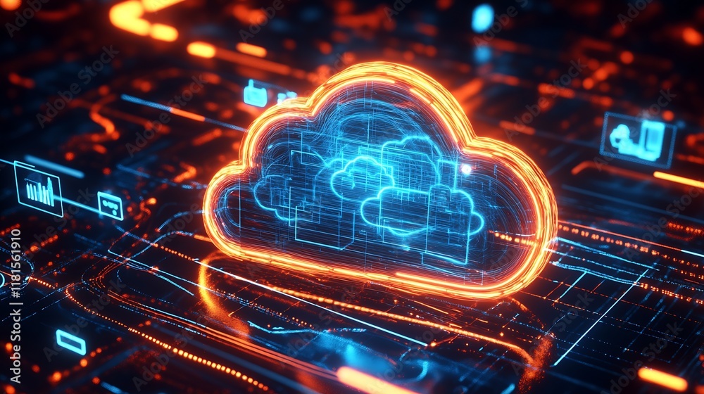 Poster Glowing Neon Orange Cloud Icon Symbolizing Advanced Cloud Computing Technology : Generative AI