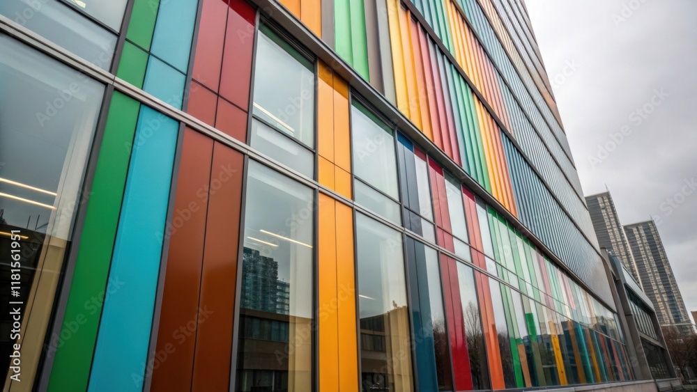 Poster A vibrant display of vertical and horizontal modular cladding panels comes into focus showcasing a sophisticated blend of glass and metal materials. The reflective surfaces catch