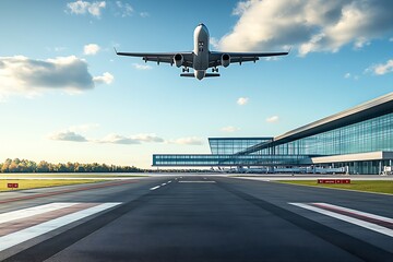 Obraz premium Modern Passenger Airplane Landing on Busy International Airport Runway with People and Baggage Carts : Generative AI