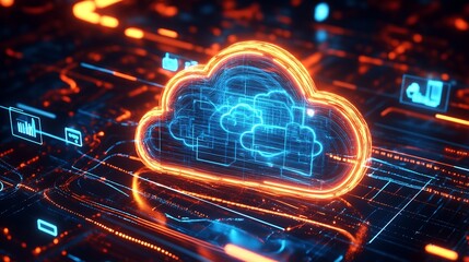 Fototapeta premium Glowing Neon Orange Cloud Icon Symbolizing Advanced Cloud Computing Technology : Generative AI