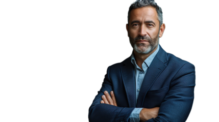 smiling old man wearing jacket with folded hands on chest without erased background transparent background