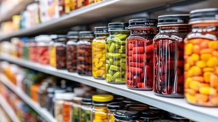 Variety, Color. Abundance A Retail Shelf Stocked with Jars of Colorful, Assorted Vitamins