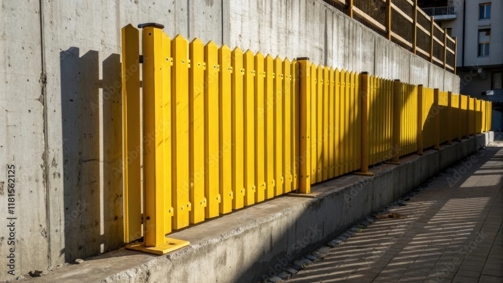 Poster a vibrant yellow modular fence section stands upright against a weathered concrete wall revealing de