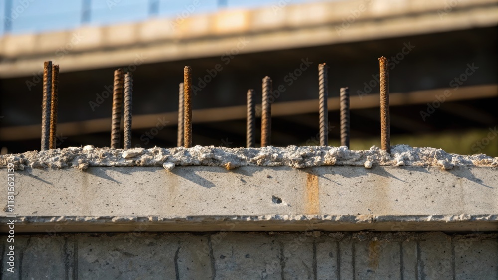 Aufkleber A view focused on the top of the bridge abutment reveals the ends of rebar jutting out at irregular intervals their sharp edges glistening in the ambient light. The surrounding