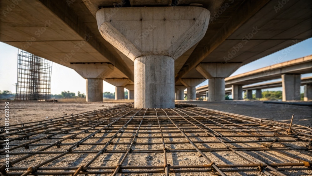 Poster a view focusing on the base of the overpass where the massive concrete support meets the ground reve