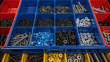 A vibrant panorama of a storage bins interior filled to capacity with assorted rail fasteners. The scene is bustling with colors â€“ deep blues metallic silvers and bold blacks â€“