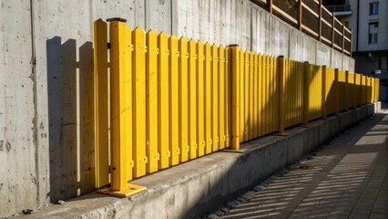A vibrant yellow modular fence section stands upright against a weathered concrete wall revealing detailed textures and faint scratches from previous use. Sunlight casts sharp