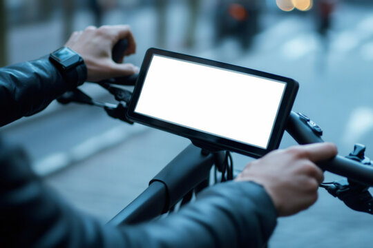 Close up of hands holding handlebars and interacting with futuristic display showing bike diagnostics and information