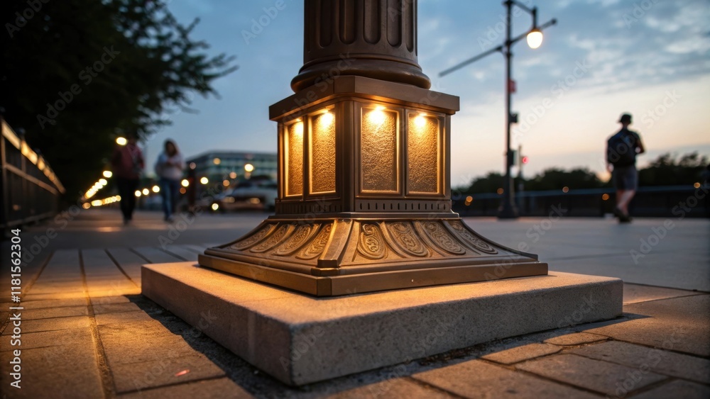 Aufkleber A view of an illuminated streetlight base at dusk where the warm glow from the light enhances the subtle textures of the surface. The soft illumination casts a halo effect