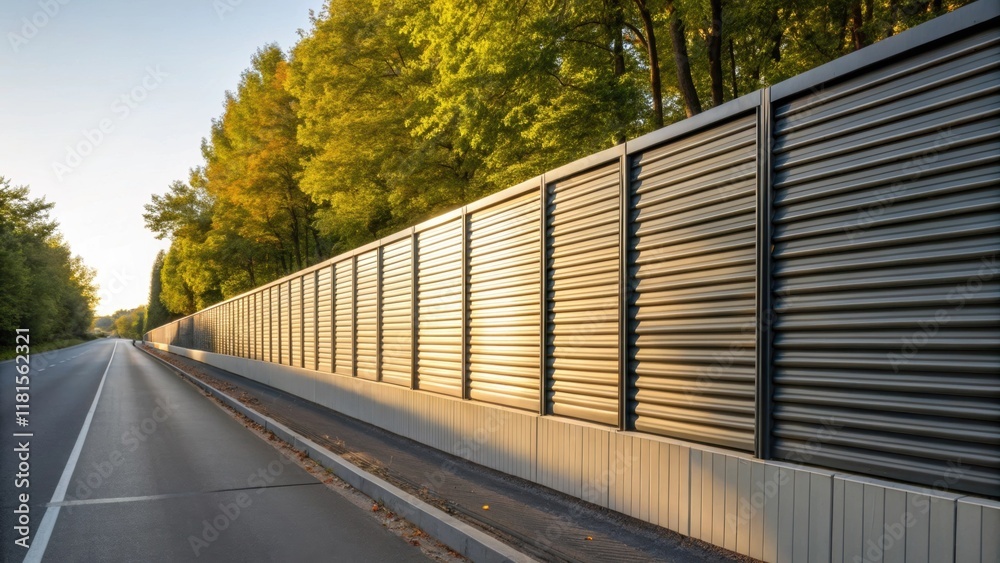 Aufkleber A view highlighting the vertical ridges of a noise barrier panel which reflects the light in various angles creating a play of shadow and light. Bright foliage in the background