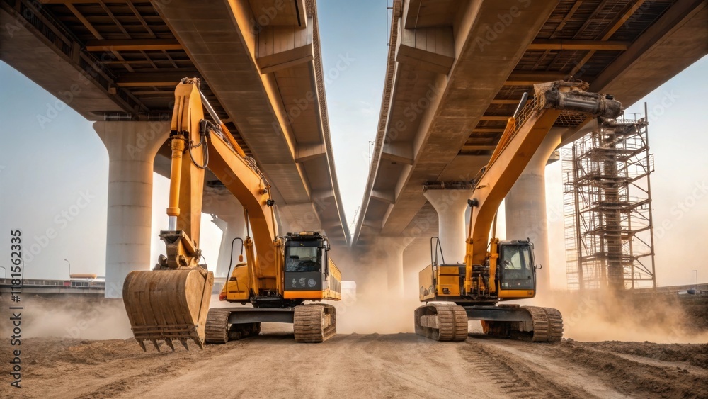 Poster a view of heavy machinery positioned nearby with parts of the elevated road visible through the fram