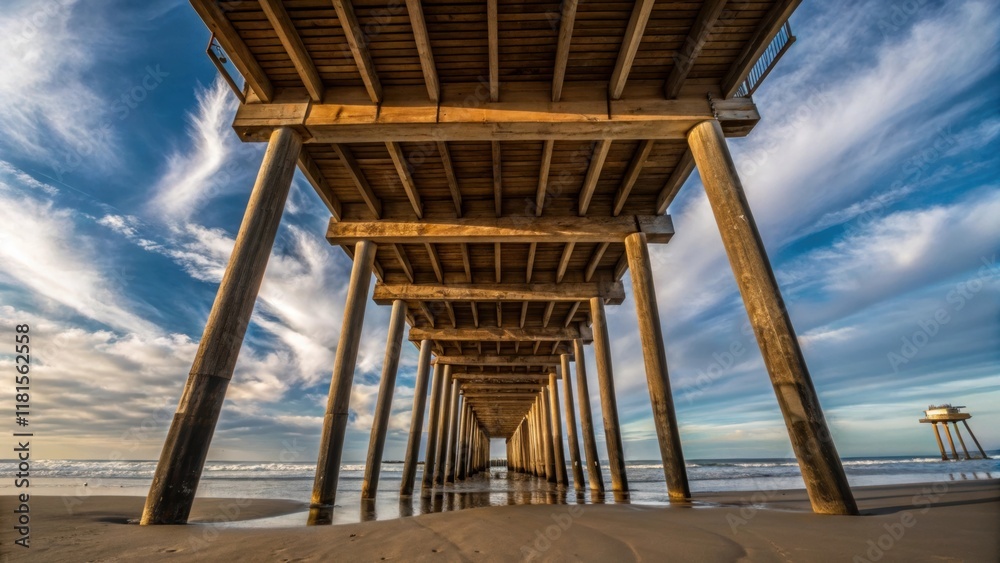 Poster A wideangle shot captures the scale of several piers under construction with layered wooden forms encircling each base. A blue sky frames the scene while clouds drift by above