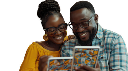 man and woman smiling looking at a tab with no background that has been removed transparent background