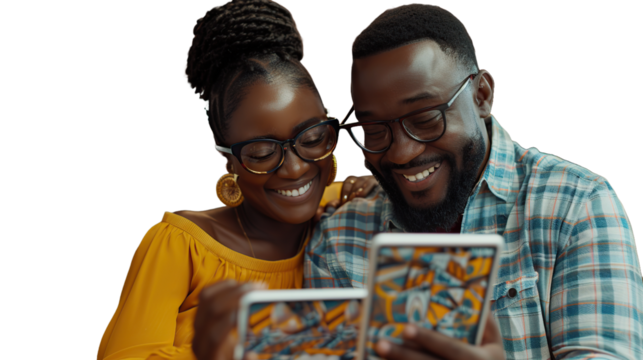 man and woman smiling looking at a tab with no background that has been removed transparent background