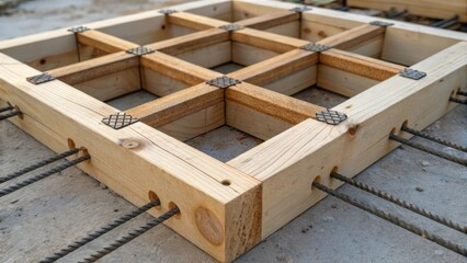 A zoomedin image of a wooden form revealing the intricate notches and joints where wood pieces are fitted together precisely. Sprigs of rebar poke through the setting concrete