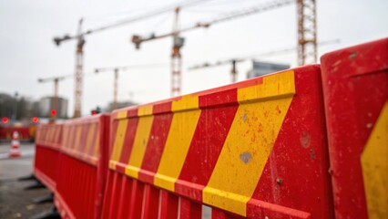 A zoomedin view of a bright red construction barrier covered in grime with faint yellow warning stripes that have begun to fade. In the blurred background a glimpse of towering
