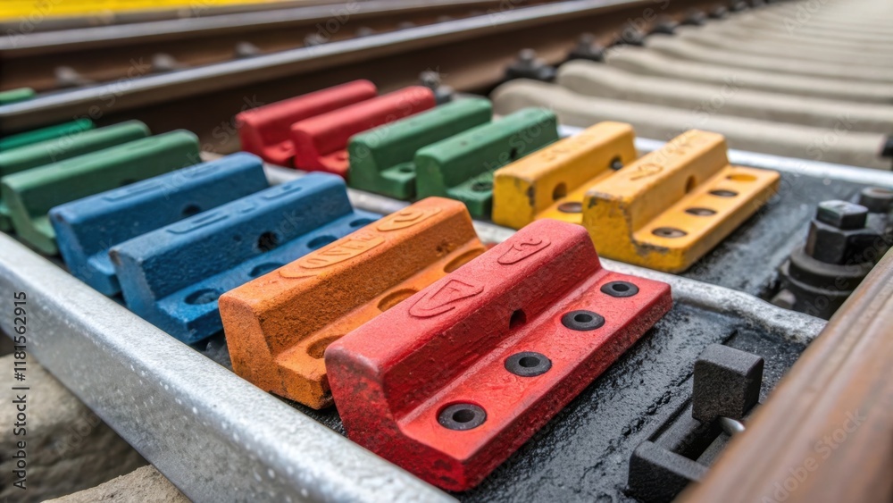 Poster A zoomedin view of colorful rail clips nestled in a foamlined compartment each piece exhibiting a unique design. The textured surfaces catch the light revealing subtle