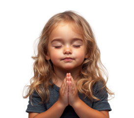 Young girl praying with folded hands, closed eyes, serene expression, symbolizing spirituality, devotion, and hope, portrait of child isolated on transparent background