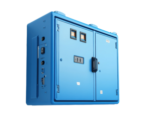 Blue electrical control box with multiple outlets, durable industrial-grade design, modern utility equipment for power management and distribution, technology panel isolated on transparent background