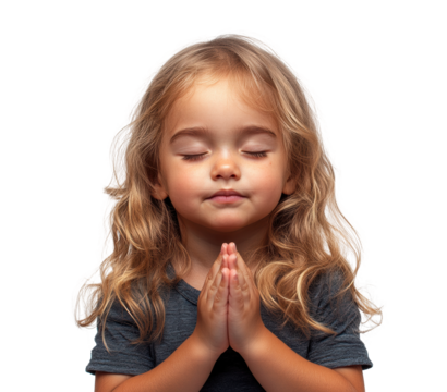 Young girl praying with folded hands, closed eyes, serene expression, symbolizing spirituality, devotion, and hope, portrait of child isolated on transparent background