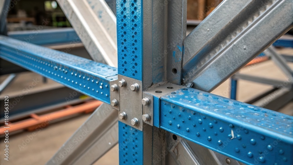 Aufkleber closeup detail of a connection point between two steel trusses illustrating the precise alignment of