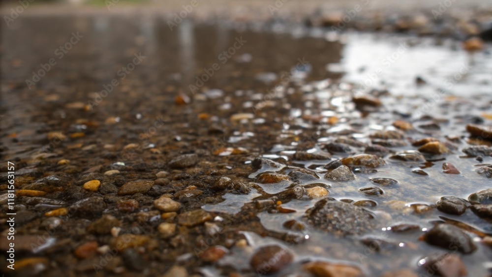 Aufkleber Close shot of the surface of the crushed aggregate base after a light rain where water pools in the depressions between stones. The wet stones shimmer with a darker hue enhancing