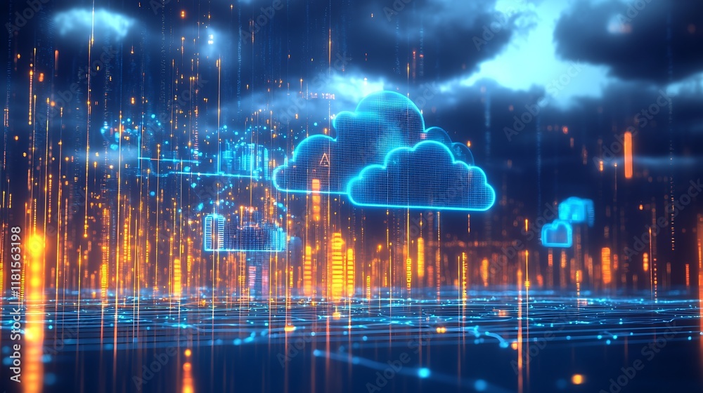 Poster Futuristic Digital Cloud Computing Concept with Data Streams and Connectivity : Generative AI