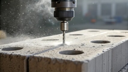 Closeup details of a retaining walls anchor plate installation showcasing the precision drilling of holes into the concrete. Dust particles are suspended in the air creating a