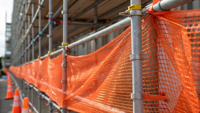 Close focus on a section of the scaffolding draped with bright orange safety netting which flutters slightly in the breeze. The texture of the netting contrasts against the rigid