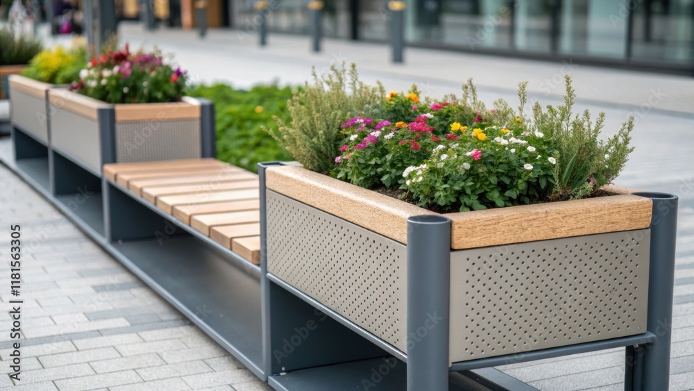 Aufkleber Closeup of an innovative modular bench system designed with urban functionality in mind. The benches are equipped with integrated planters overflowing with flowering plants adding