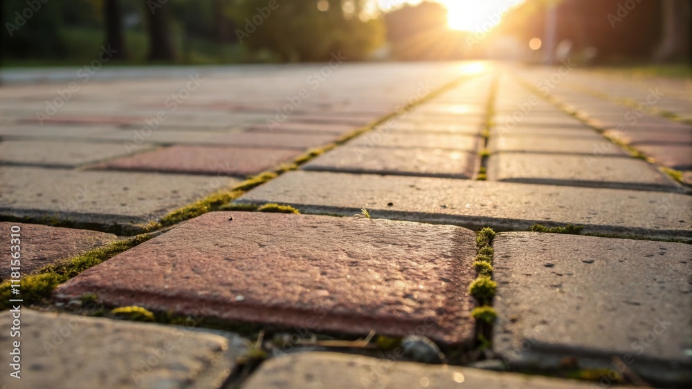 Poster closeup of a paver displaying subtle color variations from slight weathering. the sun casts a warm g