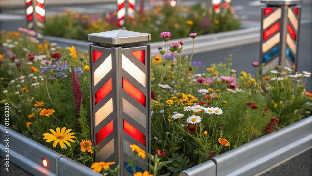 Aufkleber Closeup of a modular traffic island displaying a vibrant array of wildflowers surrounded by angular reflective barriers that bend light in playful patterns. The exquisite detail of