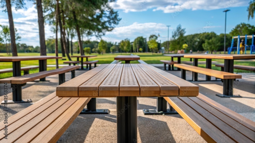 Aufkleber Closeup of a picnic zone made from modular benches and tables arranged to create inviting communal spaces. The smooth surfaces complemented by playful patterns etched into the wood