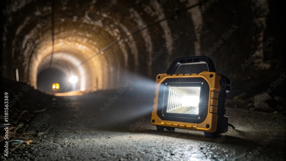 Poster closeup of a portable floodlight sitting on the ground casting a bright focused beam that s through 