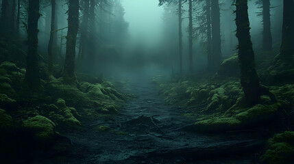 Obraz premium Foggy Forest Path Winds Through Mossy Trees Mysteriously at Night