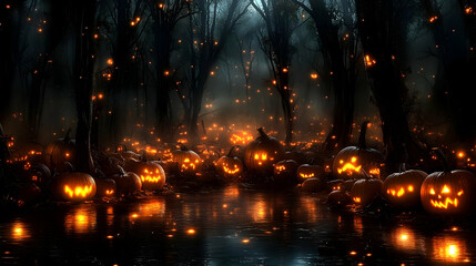 Glowing Pumpkins Illuminate Spooky Forest at Night with Reflections in Water