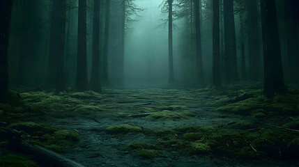 Obraz premium Misty Forest Path Winds Through Mossy Terrain Deep in Woods