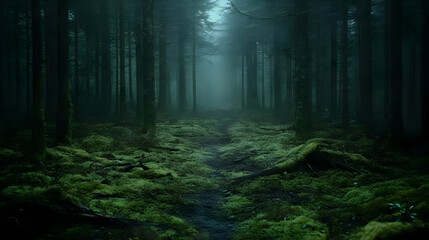 Obraz premium Misty Forest Path Winds Through Mossy Woods Quietly at Dawn