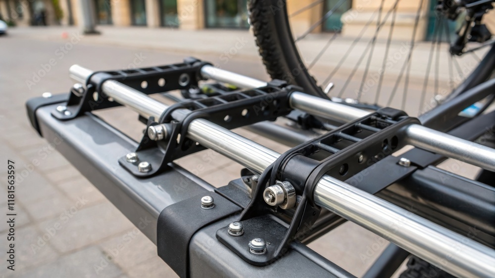 Aufkleber Closeup of a section of a modular bike rack focusing on the robust mounting hardware designed to securely anchor it to the pavement. The intricate details of bolts and brackets