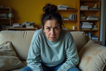 Frustrated Middle age housewife Sitting on Couch. 30s Sad Woman at Home.