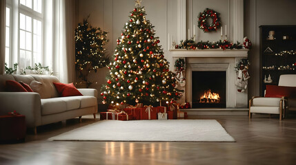 Christmas Tree Illuminates Cozy Living Room with Fireplace Warmth