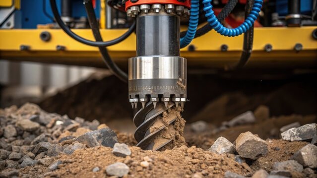 Closeup of a rotating drill bit its sharpedged teeth glistening with frictioninduced heat. Fragments of dirt and rock spill out from the borehole catching the light as they tumble