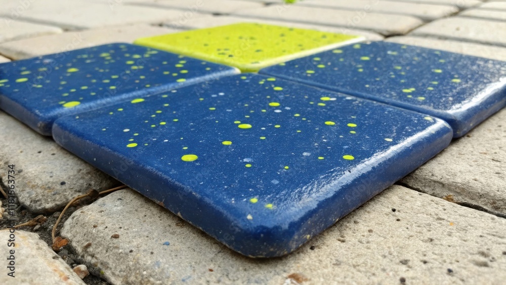 Poster Closeup of a single tile featuring a deep cobalt blue base with speckles of lime green and sunny yellow. The corners are rounded and a slight sheen suggests it has been treated for