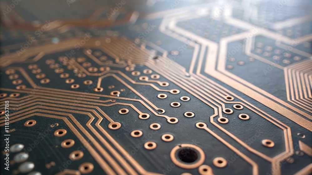 Aufkleber Closeup of a textured surface of circuit boards where tiny soldered joints connect various components. The intricate pathways of copper traces are highlighted illustrating the