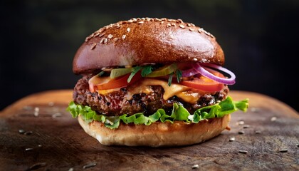 A mouthwatering gourmet cheeseburger featuring a juicy beef patty, fresh lettuce, tomatoes, and cheddar cheese. Perfectly presented on a wooden board, showcasing color and appetizing detail.