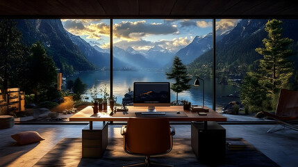 Fototapeta premium Home Office Overlooks Tranquil Lake and Majestic Mountains at Sunset