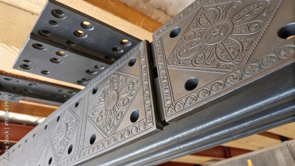 Aufkleber Closeup of the mounting plates that will attach the rail supports to the ceiling framework showing the intricate etched patterns and bolt hole arrangements that facilitate rapid