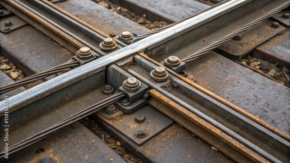 Poster Closeup of the junction where multiple lines converge revealing the complex mechanisms of pulleys and sliders designed to facilitate smooth overhead movement. The metallic sheen